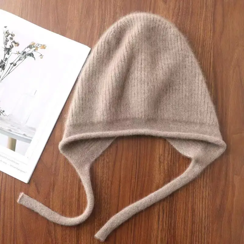 100%Pure Wool Women's Winter Hat Cute Lace-up Knitted Pullover Beanies Cap Fashion Warm Soft Knitted Solid Earflap Skullies Cap 3