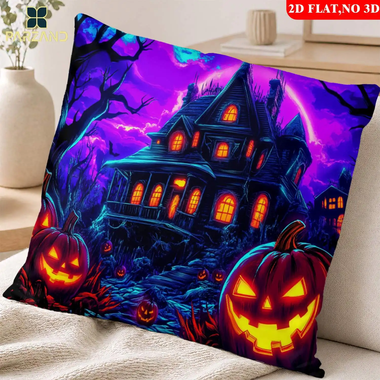 1pc 2D Flat Pillow Not Included Halloween Haunted House Pumpkins Cushion Cover Short Plush Spooky Party Decor Gift Case