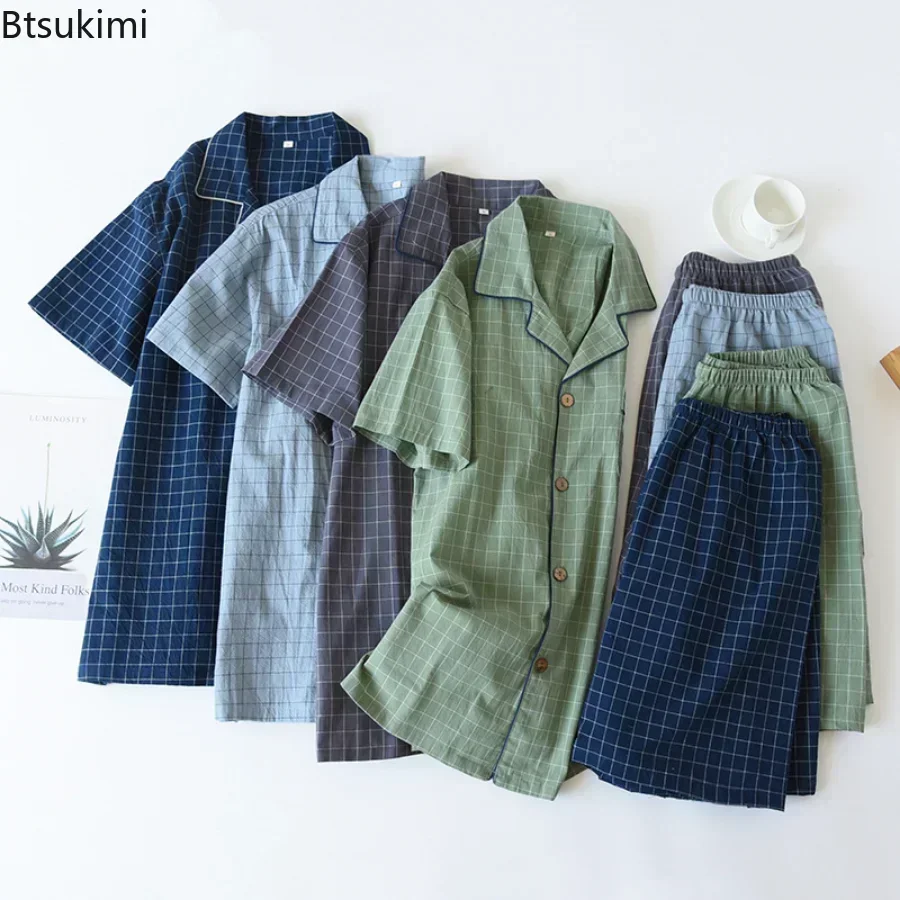 2025 Men's Summer Pajamas Sets Thin Short Sleeved Shirt and Shorts Soft Plaid Cotton Simple Japanese Home Service Suit Sets Male