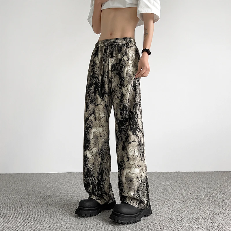 Trendy New Summer Ice Silk Fabric Men's Printing Tie Die Pockets Elastic Waist Drawstring Casual Loose Wide Leg Straight Pants