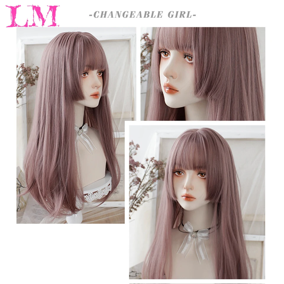 LM Synthetic Long Straight Lolita Wig with Bangs Natural Black Purple Multiple Colour Hair for Women Cosplay Anime Wig