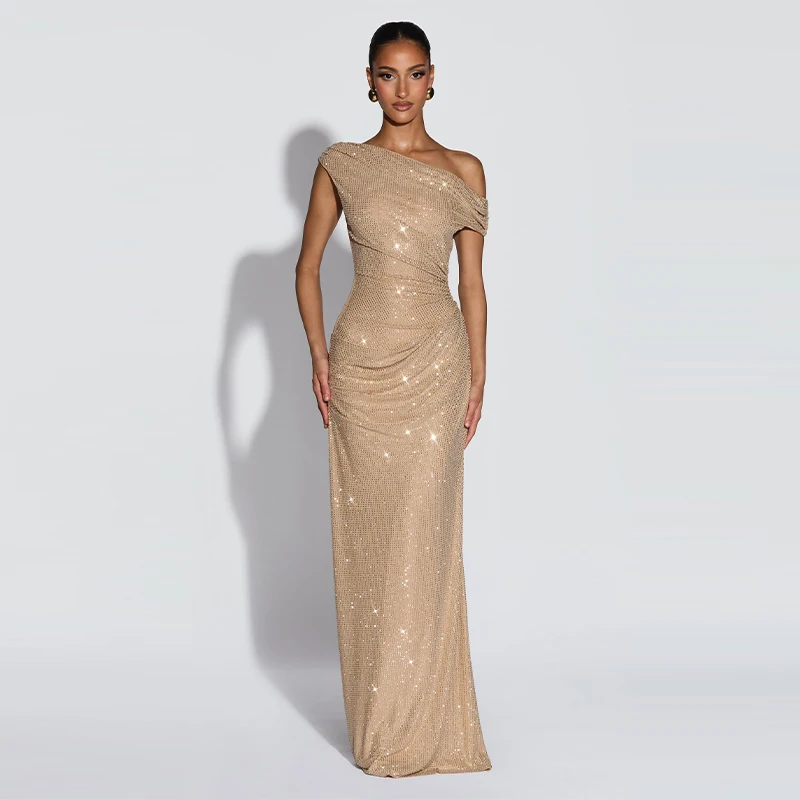 Glänzendes Pailletten-Maxikleid für Damen, Elegantes Einschultriges Abendkleid mit Geraffter Taille, Figurbetontes Langes Kleid, Sommerliches Damen-Ballkleid
