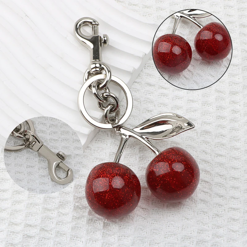 Silver Cherry Fruit Bag Charm Keychain Red Cherry Keyring for Elegant Women Backpack Purse Pendant Jewelry Gift