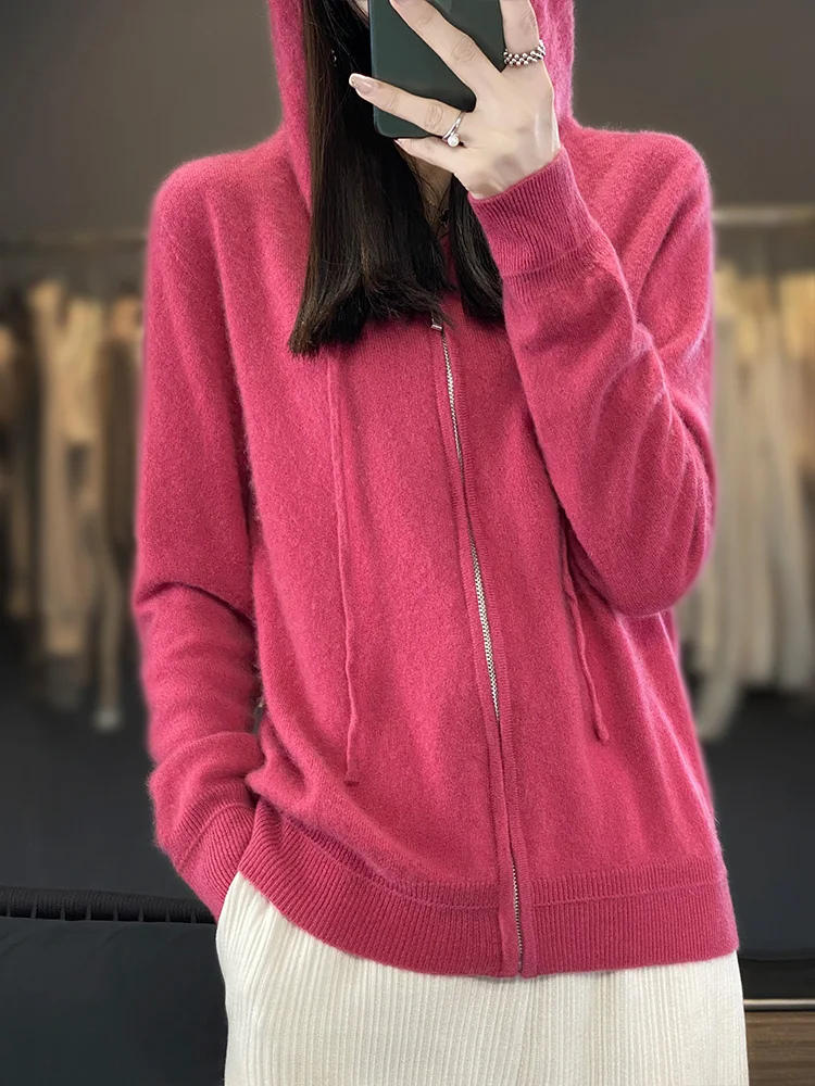 100% Merino Wool Women Hooded Cardigan Long Sleeve Sweater For Spring Autumn Zipper Cashmere Knitwear Korean Popular Clothes