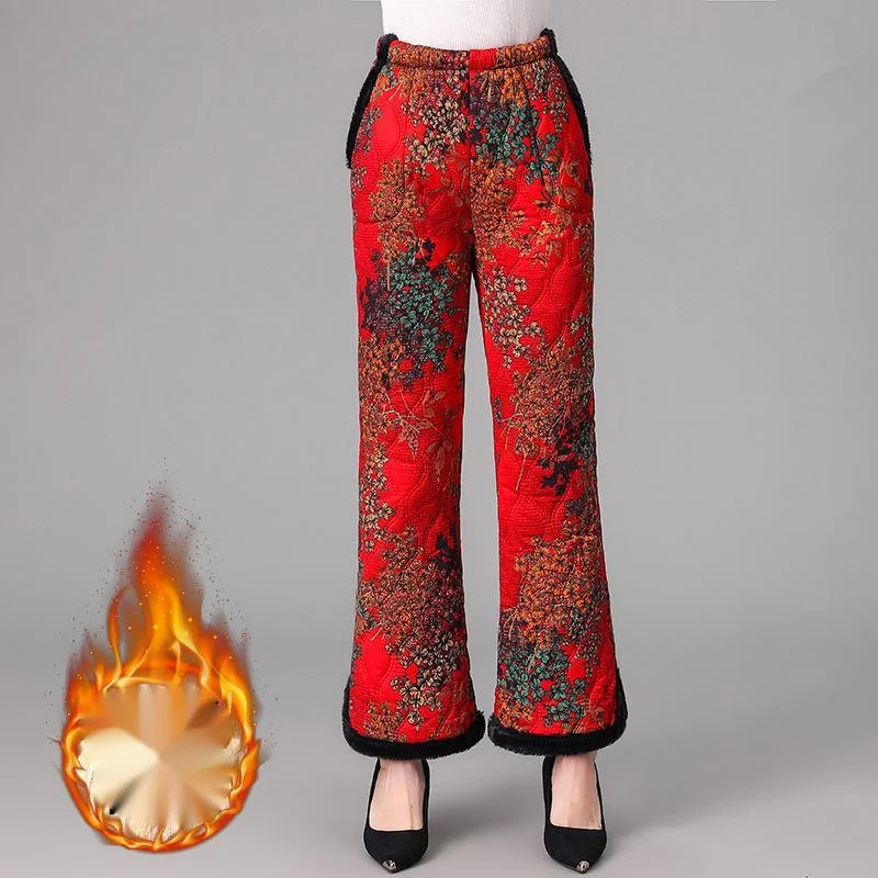 

Chinese Style Plush Thick Casual Pants Women's Autumn Winter Vintage High Waist Warm Straight Floral Printed Pants Trousers