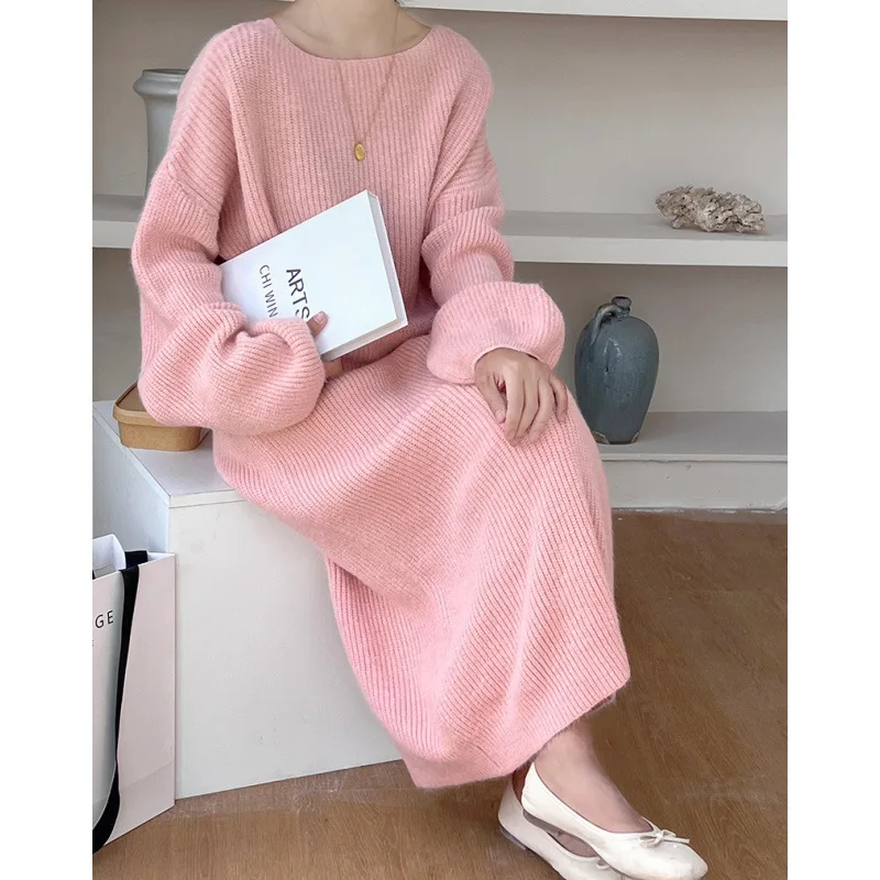 

Women Knitted Dress Solid Dresses Round Neck Long Sleeve Ankle Length Loose Slight Strech Office Lady Casual 2025 Autumn Winter