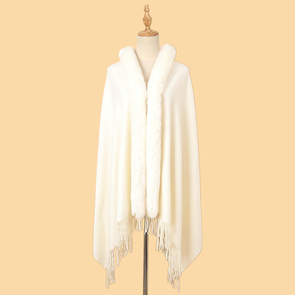 Fur Collar Winter Shawls Knitted Fringe Sweater Ponchos Elegant Batwing Sleeve Long Cardigan Casual Fashion Houndstooth Cloak