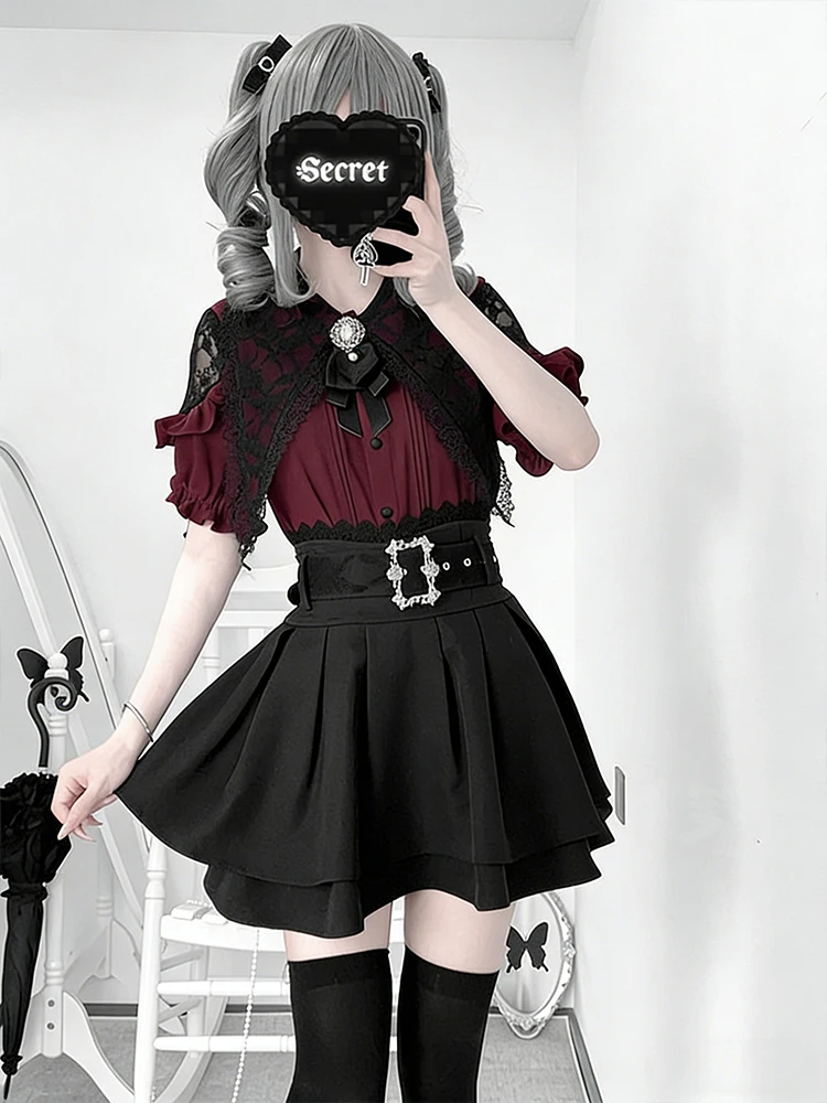 Gothic Style Shoulder Bared Shirt And High Waist  Skirt Two Piece Set for Women Summer College Style Compact Size