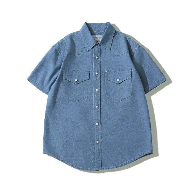 2026 Summer Youth Oxford Spinning Short Sleeved Shirt with Jewel Buckle American Western Short Sleeved Shirt Workwear T-shirt