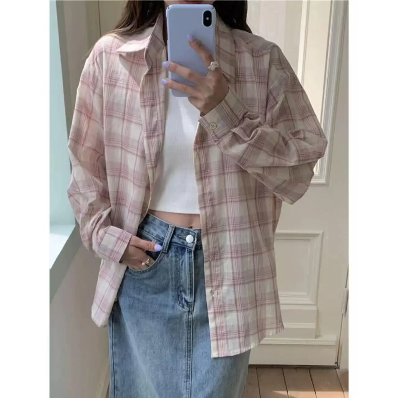 Summer New Plaid Long Sleeve Shirt Women's Lazy Style Loose Feeling Top Sun Protection Button up Cardigan Regular Fit