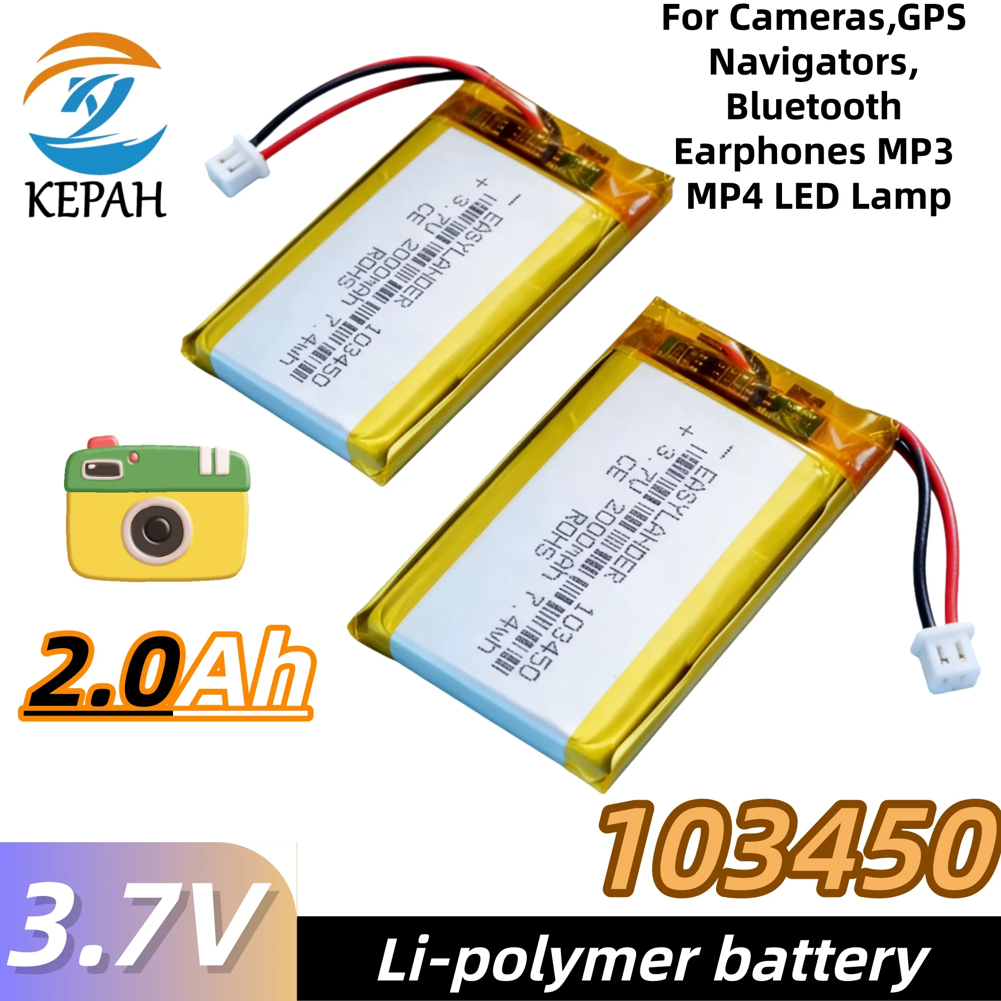 

3.7V 2.0Ah Rechargeable Polymer Battery｜103450 PH2.0mm for MP3 MP4 LED Lamp