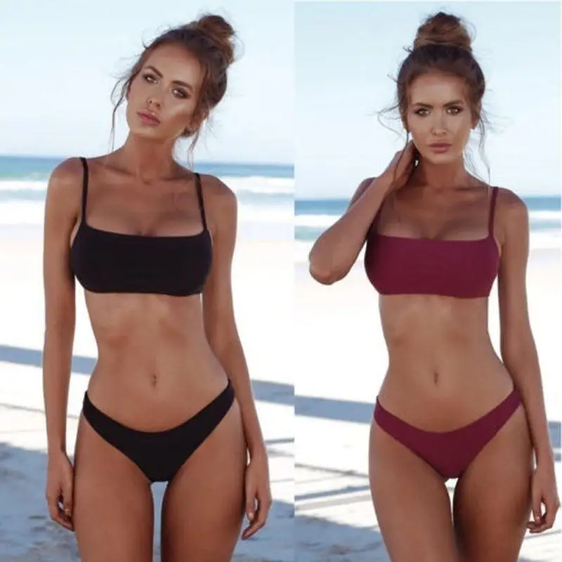 Summer Concise Design Beach Women Swimwear Solid Color TwoPcs Bikini Set Spaghetti Strap Padded Bra Sexy Bathing Suit Vacation