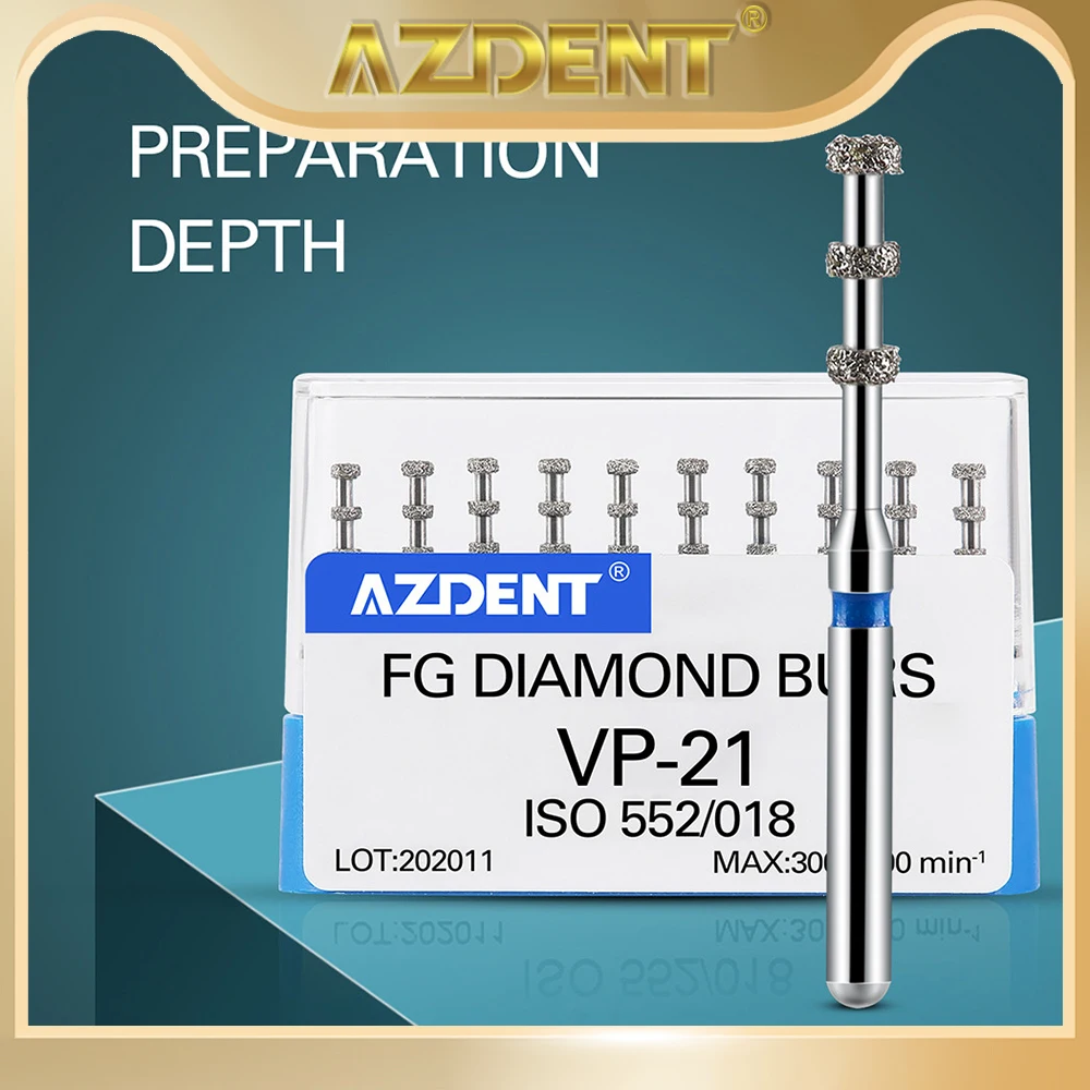 AZDENT-fresas de diamante FG para odontología, VP-21 de profundidad, grano medio, pieza de mano de alta velocidad, máximo 1,6 rpm/min, 10