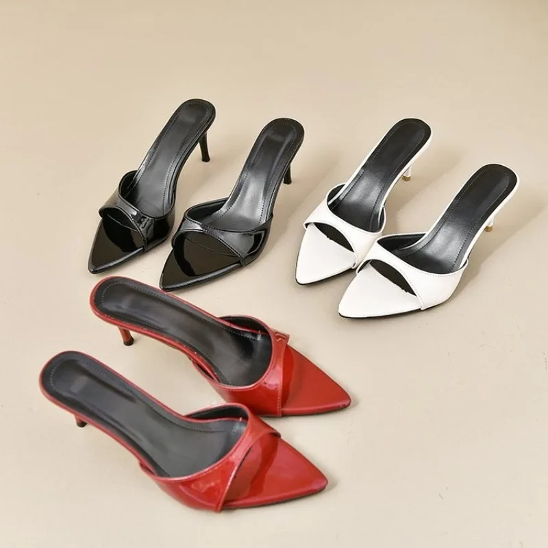 

Summer Women High Heels Sexy Pointed Stiletto Heels Slippers Fashion Patent Leather High-heeled Slippers for Women Mules Slides