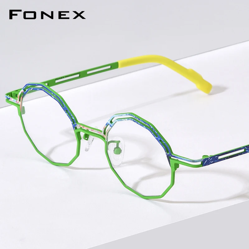 FONEX Pure Titanium Eyeglasses Women Fashion Brand Design Retro Polygon Glasses Ultralight Vintage Japanese Eyewear 85888