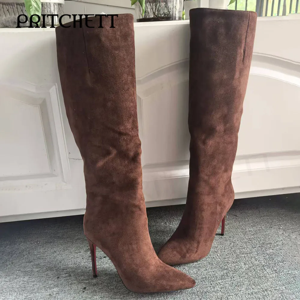 

Brown Frosted Suede Long Boots Pointed Toe Stiletto Heels Side Zipper Solid Color Knee-High Boots Fashion Sexy Women's Boots