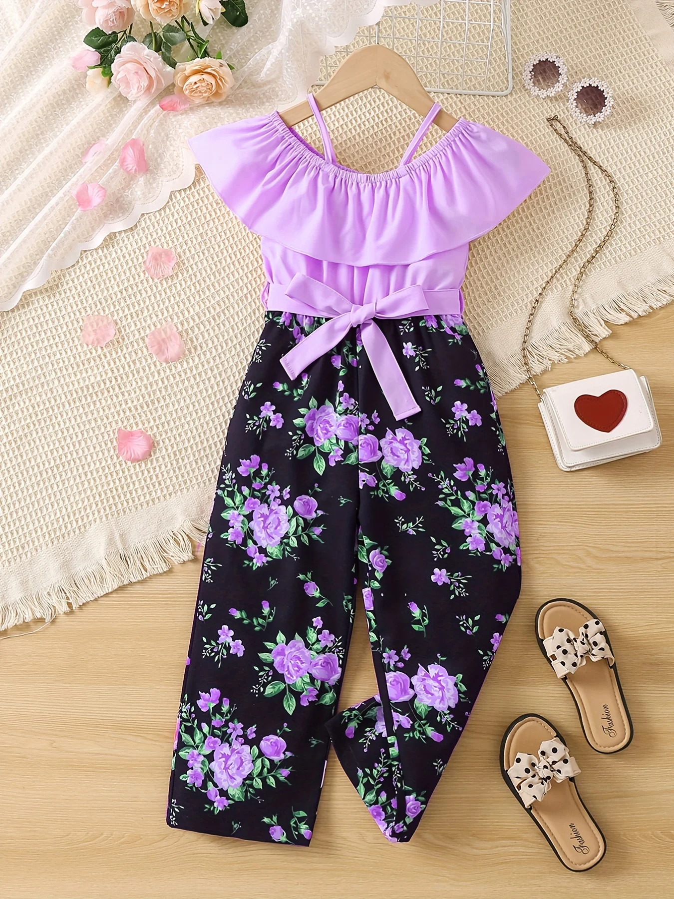 Girls Fashion Summer Beach Vacation Style Casual Cute Versatile Violet Off the Shoulder Strap jumpsuit