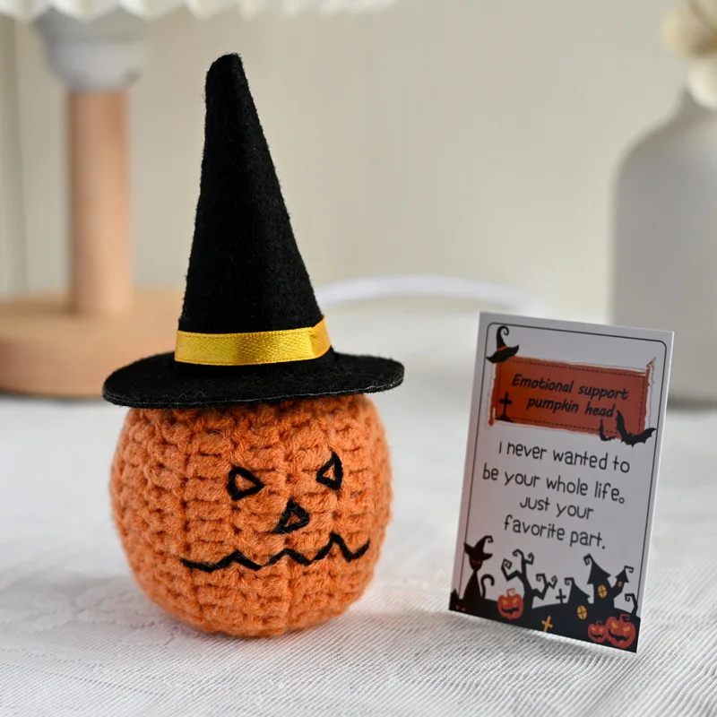 Funny Positive Knitted Pumpkin with Affirmation Card Halloween Home Room Decoration DIY Handmade Yarn Crochet Dinosaur Doll Gift