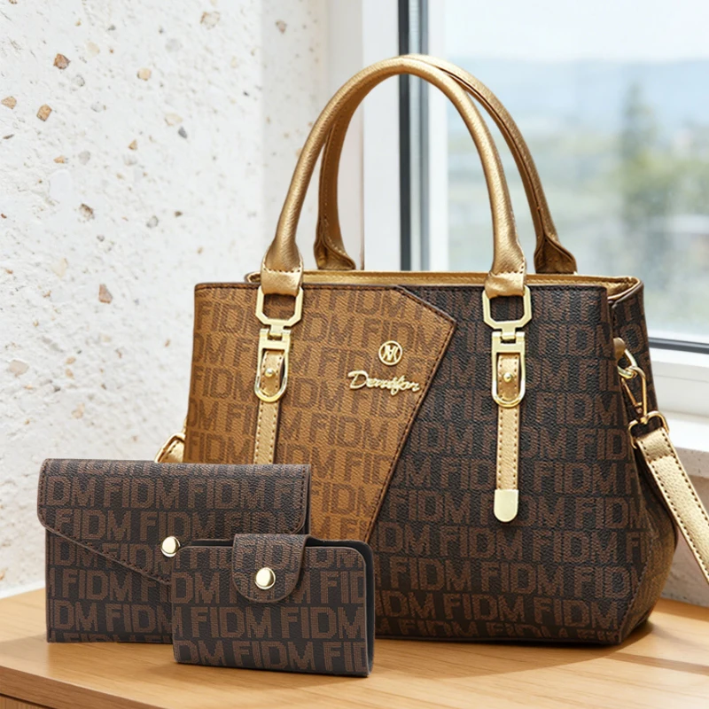 3-piece women's bag set, luxury premium leather printed women's handbags, large-capacity bags practical for daily use and travel