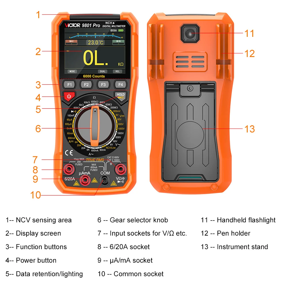 Victor 9801 Pro 20A Multimeter 1000V Digital Display