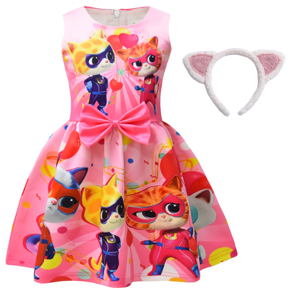 SuperKitties Kids Summer superhero Dress neonate Cute Bow Princess Dress Toddler Girls Birthday Party Dresses con copricapo