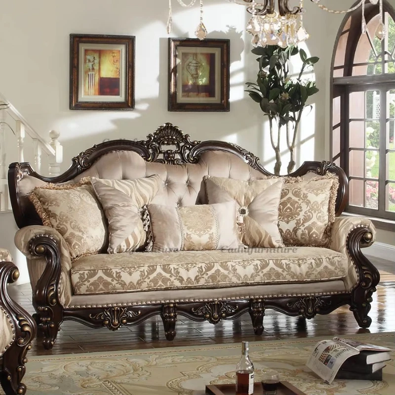 Antique design living room 6-seat sofa traditional wooden frame fabric European combination sofa classic sofa set luxury
