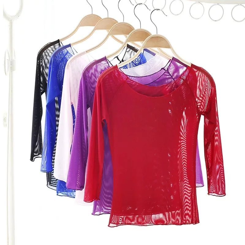 Camicetta da balletto Top da donna in rete con maniche a 3/4 Camicetta da ballo per danza classica Camicetta da ginnastica per adulti Top a strati in rete elasticizzata trasparente