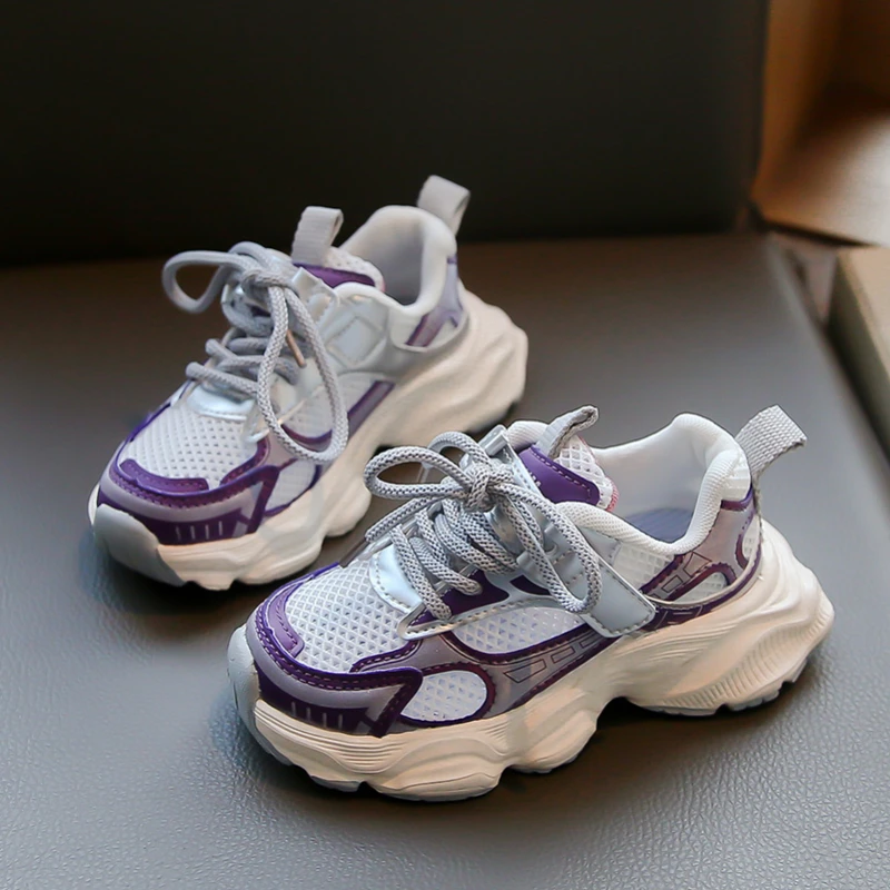 Ragazzi ragazze sandali estate nuovo grigio maglia traspirante scarpe Casual per bambini viola morbido antiscivolo sandali sportivi per bambini