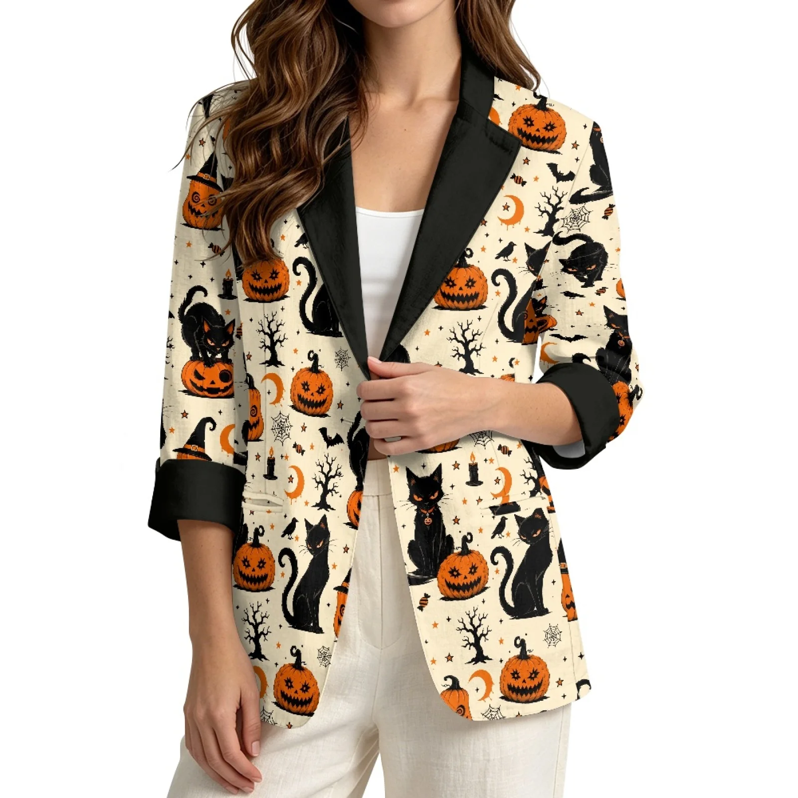 PENSTROLL Halloween Pumpkin Cat Linen Like Work Cardians Lightweight Outerwear Cover Up for Women Sizes S-3XL