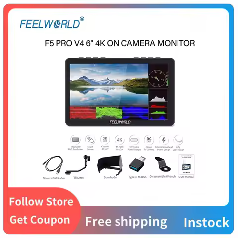 FEELWORLD F5 PRO V4 6 Inch Touch Screen 3D LUT DSLR Camera Field Monitor with F970 External Power Kit 4K HDMI Input Output