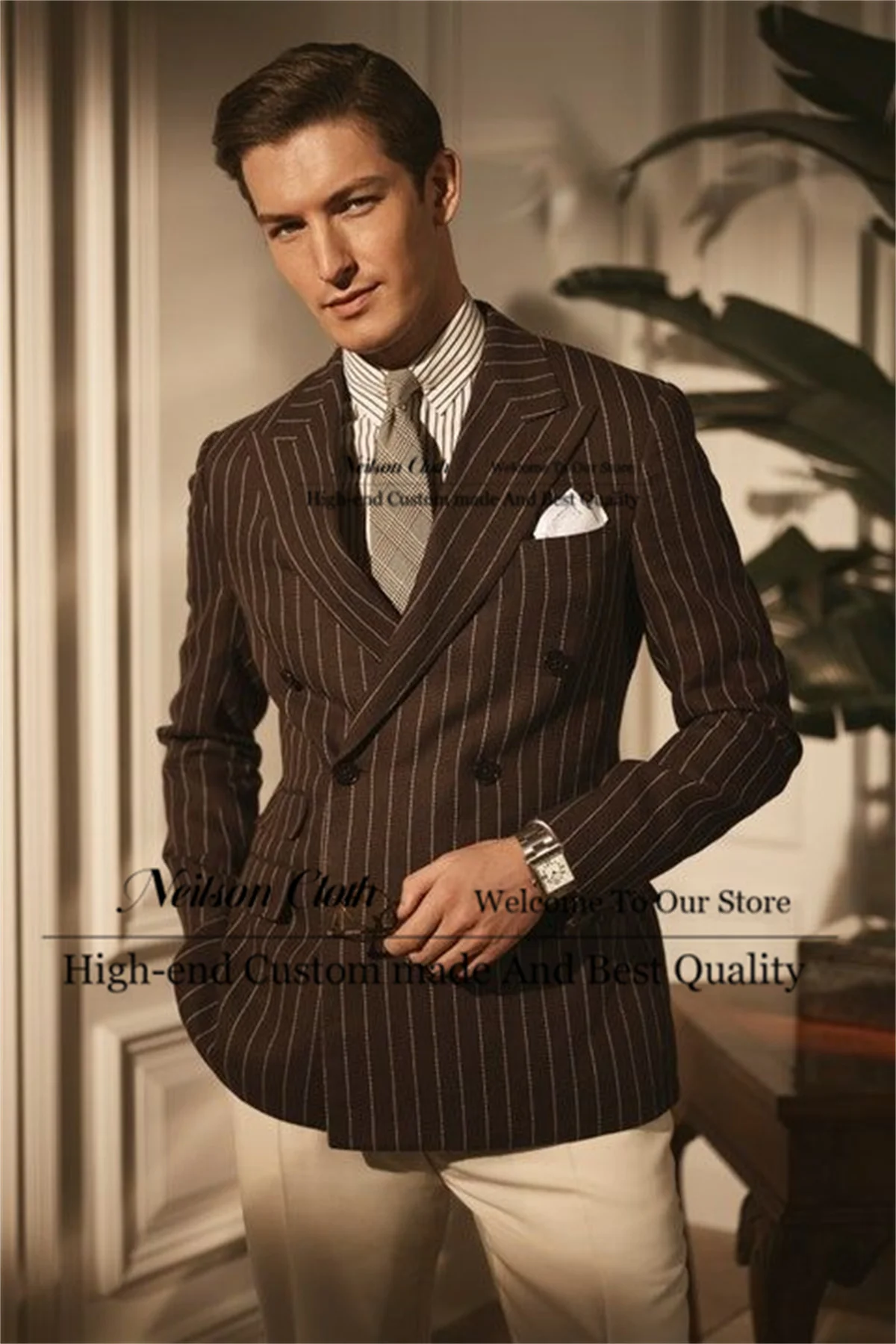 

Brown Stripe Male Prom Blazers 2 Pieces Sets Double Breasted Groom Wedding Tuxedos Slim Fit Peaked Lapel Terno Masculino