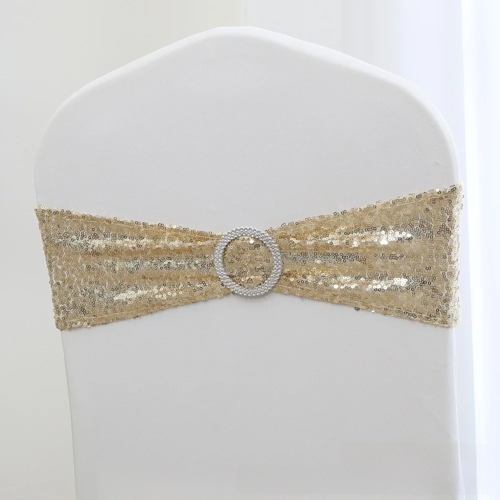 1PC Rhinestone Ring Buckle Sequin Chair Sash No-Tie Design Stretch Elastic Elastic Chair Band Sequin Embellishment