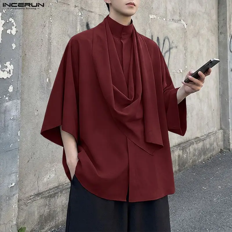 

INCERUN Men Shirt Solid Color Stand Collar 3/4 Sleeve Loose Irregular Shirts Men Streetwear Tops 2026 Loose Fashion Men Clothing