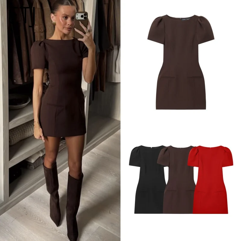 2026 with a boat neck and short sleeves with pleats black dresswomen's new products are elegant and stylish Short dress