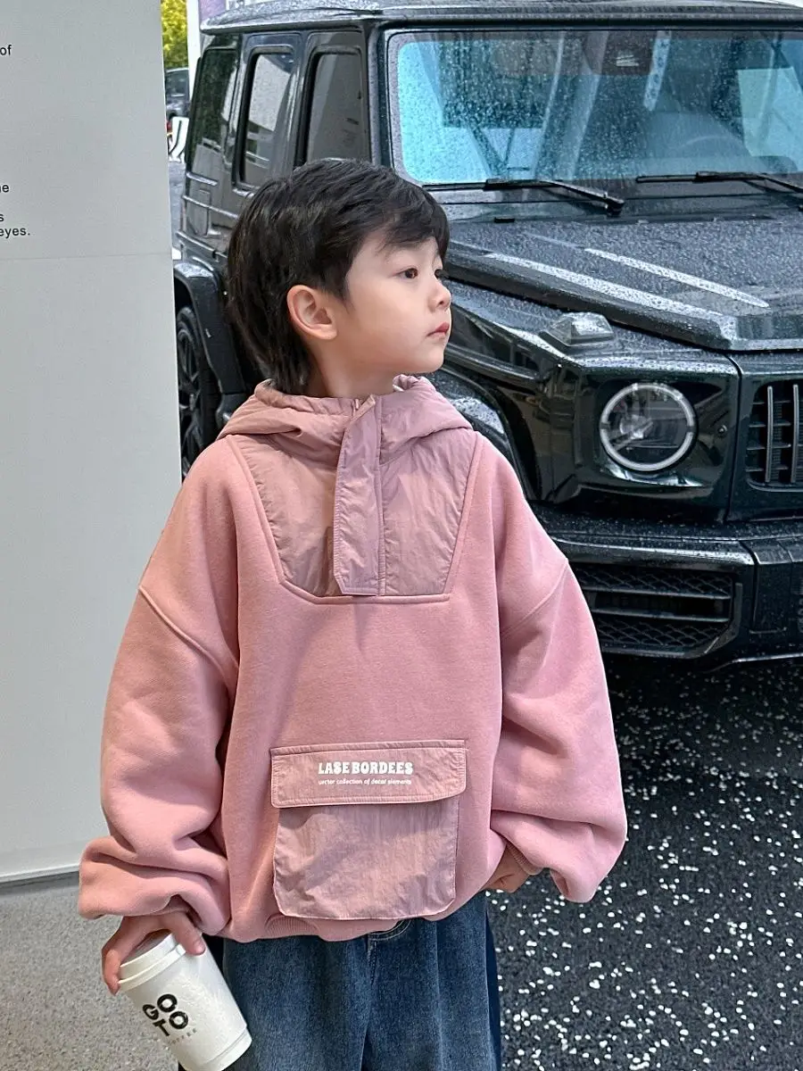 Pink Children\'s Korean Spring Autumn Winter New Loose Fit Casual Hooded Patchwork Boy Girls Baby Fleece Sweatshirt Pullover Coat