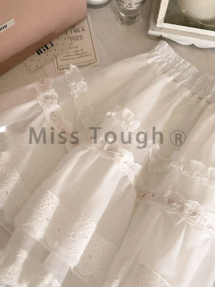 Lace Mesh Retro French Sweet Skirt Women Summer New Cute Princess Skirt Female Bow Solid Gauze High Weight Y2k Mini Skirt 2024