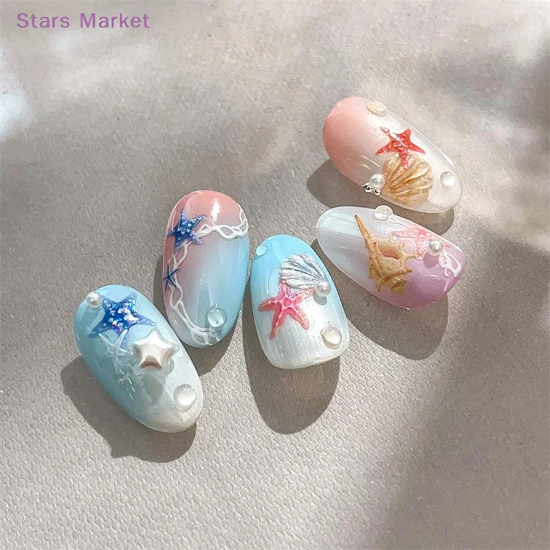 New 1 Sheet 5D Summer Seashell Nail Sticker Shiny Embossed Starfish Nails Stickers Summer Beach Sea Conch Nail Decals Decoration