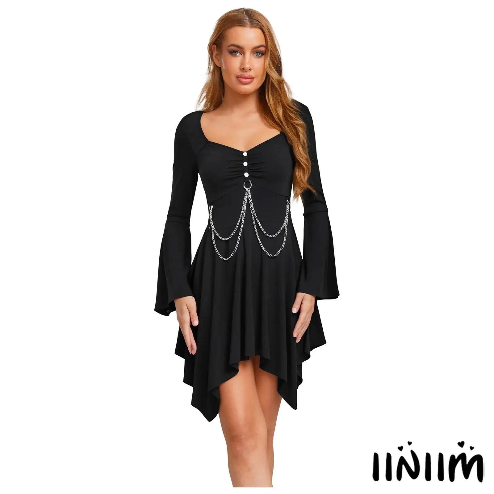

Womens Halloween Gothic Hooded Dress Long Sleeve with Flared Cuffs Irregular Hem Dress Renaissance Steampunk Cosplay Costume