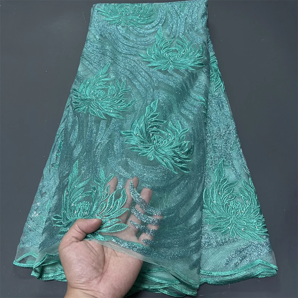 

2025 African Nigerian High-Quality Lace Fabric Embroidery Cotton Tulle Sequins Guipure for Wedding Party Dresses ZJ077 5 Yards