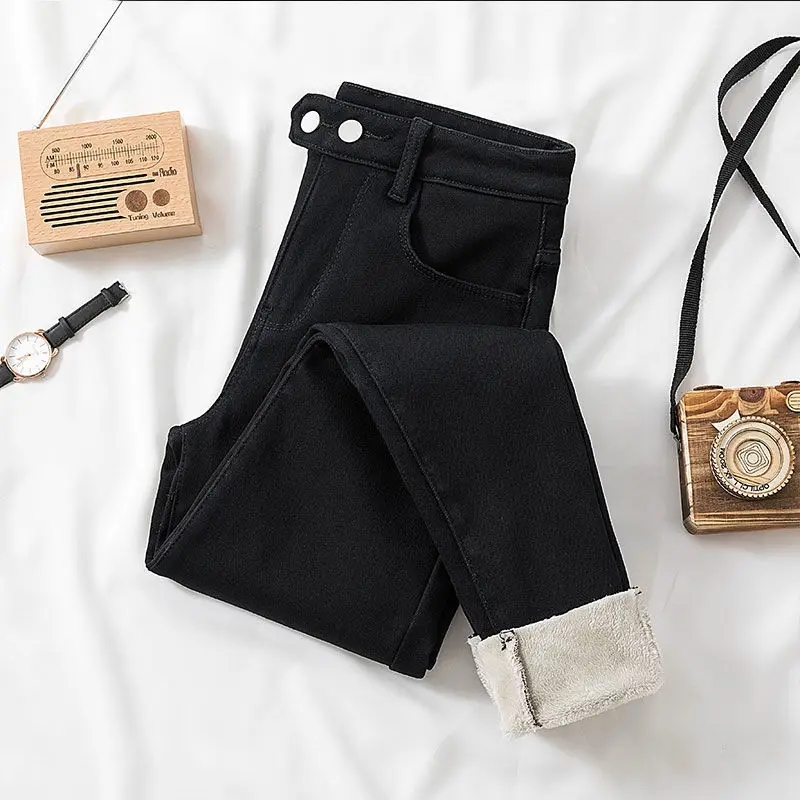 Winter Jeans Women Casual Plus Velvet Elastic High Waist Denim Trousers Office Lady Vintage Fleece Lined Stretch Pantalones