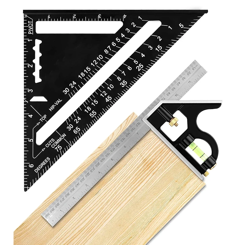 Rafter Ruler and Combination Ruler Tool Set, Triangular Carpentry Square and 12 Inch Ruler - Rafter Ruler Layout Tool