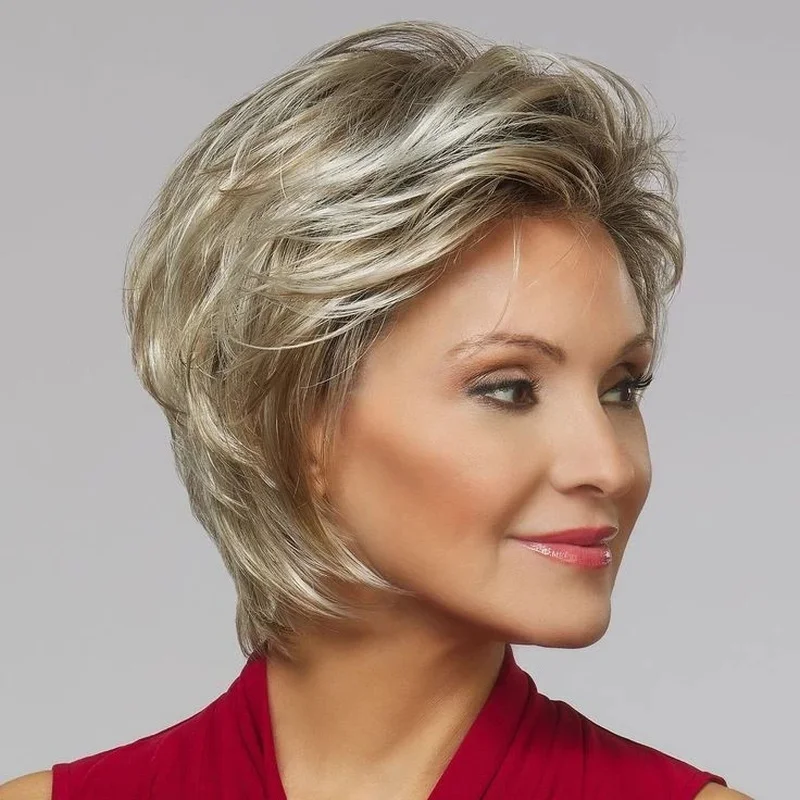 Fashion Women's Layered Short Brown Mix Blond Wavy Hair Wigs 12 Inch