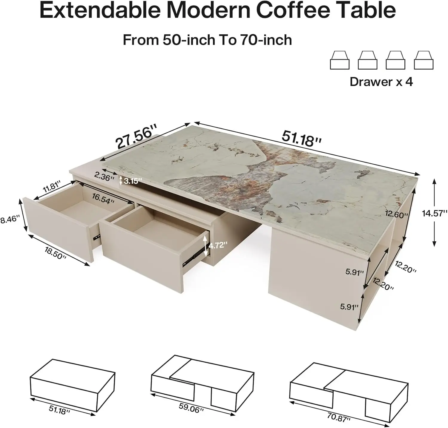 Tribesigns Extendable Tabletop Coffee Table With 4 Drawers & Storage Shelf, Modern From 51-Inch To 71-Inch Center Table For