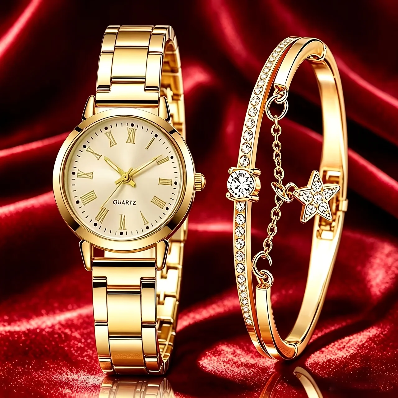 2-Piece Set of Fashionable and Simple Roman Numeral Quartz Watches Combined with 1 Bracelet, Suitable for Mother's Day