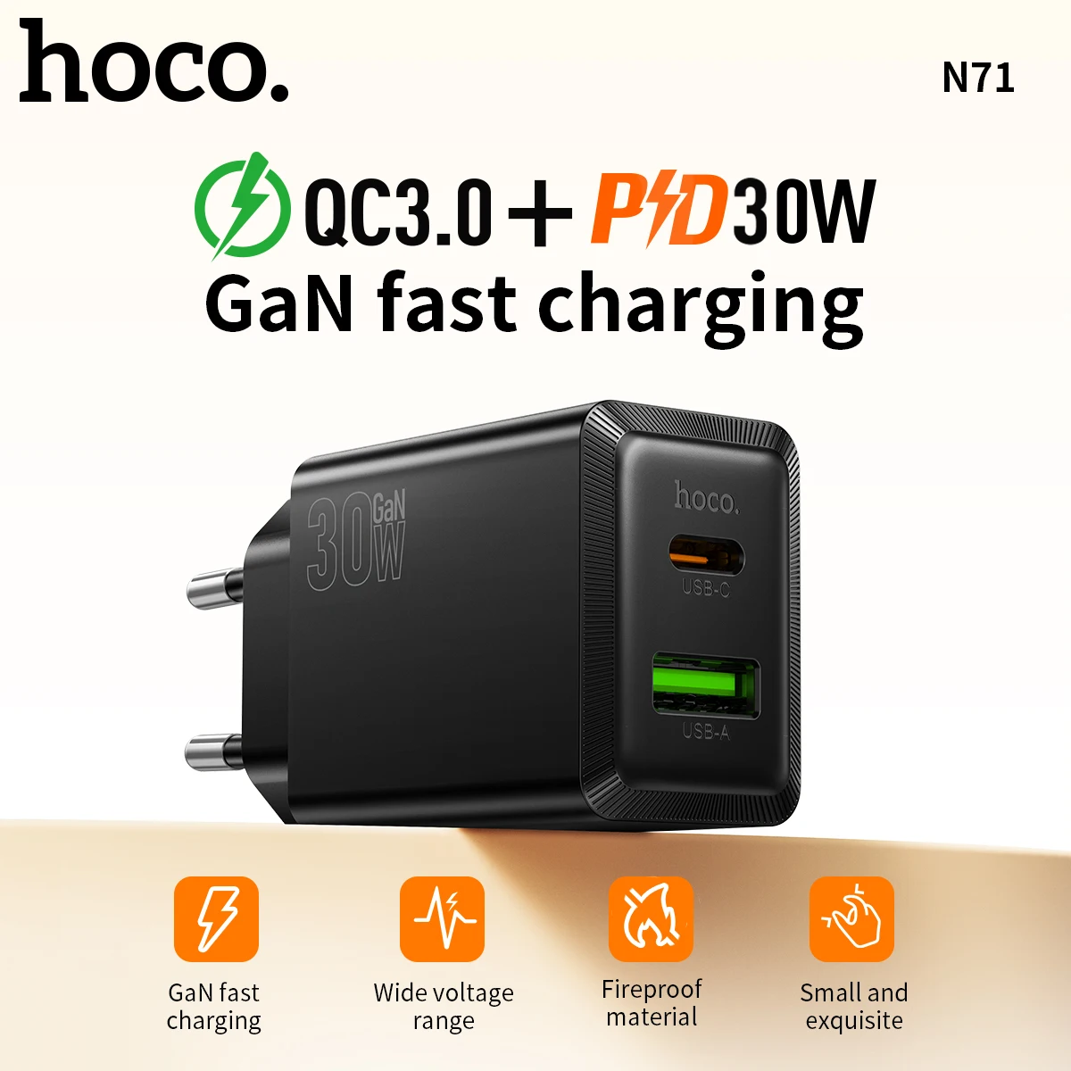 

HOCO N71 EU Fast Charging Adapter PD30W+QC3.0 Phone Charger USB A Quick Dual Ports Type-C Wall Travel Adapter for iPhone Samsung