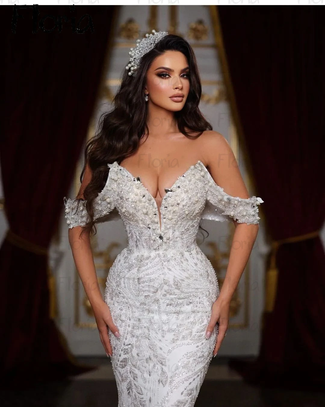 Gorgeous Beading Lace Appliqued Off Shoulder Wedding Dress With Detachable Train Dubai Women 2023 Mermaid V Neck Bridal Gowns