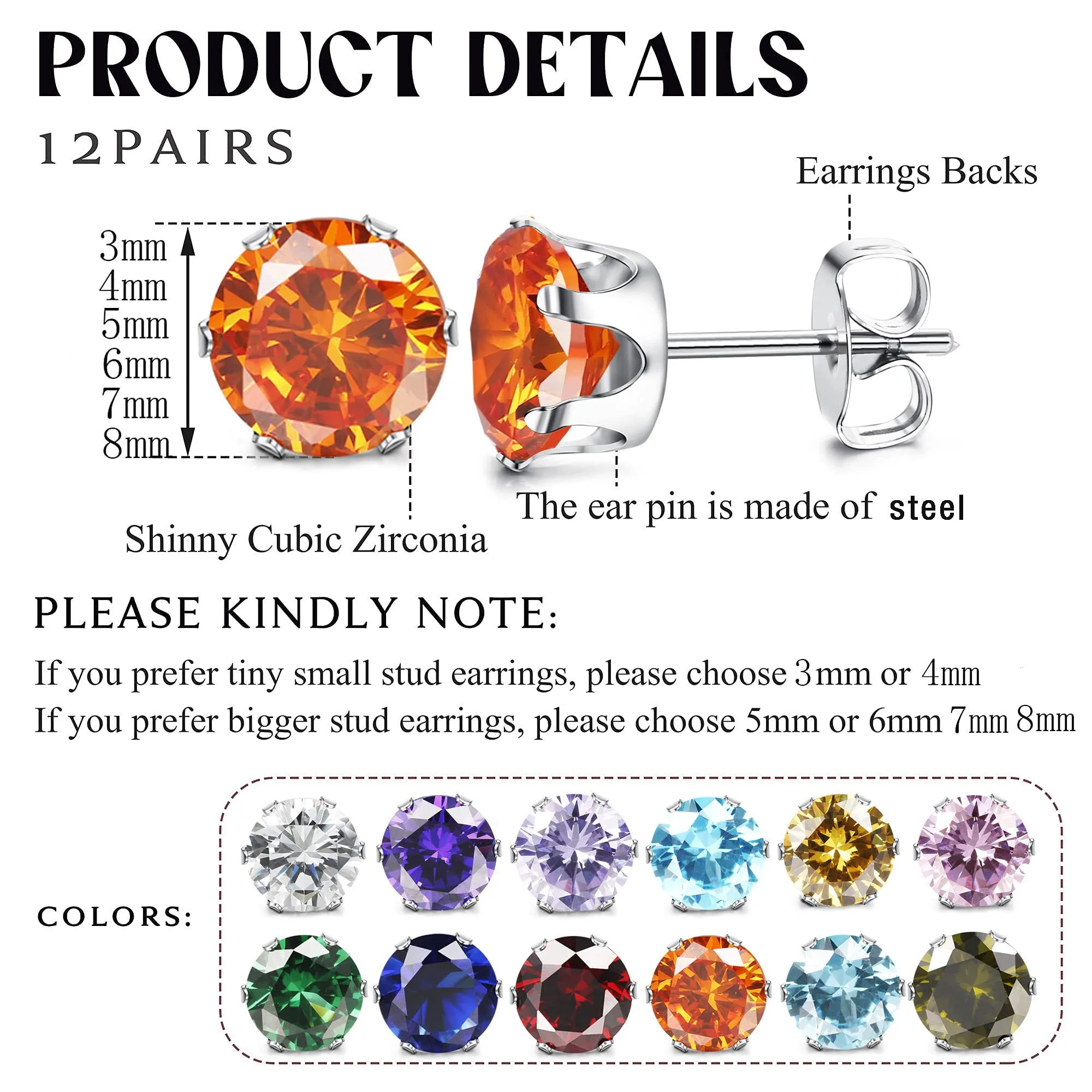 1-12 Pairs Stainless Steel Womens CZ Stud Earings Set Piercing Jewelry 3-8mm