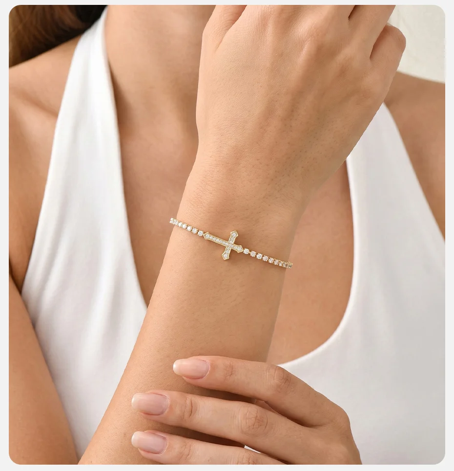 Vnox Luxus AAA Zirkonia Kreuz-Anhänger Tennisarmband für Damen Exquisites Elegantes Tennis-Handgelenksband Party Geburtstagsgeschenk – Detail 3
