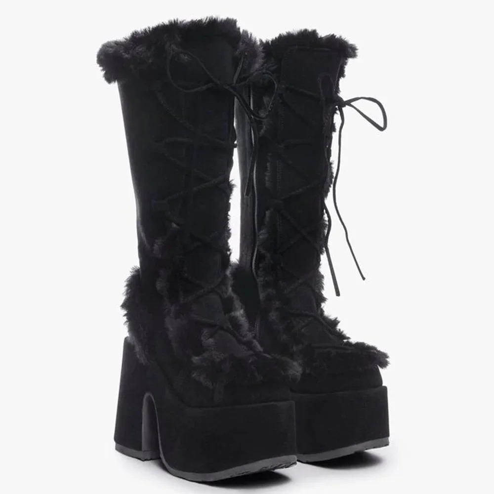 2024 Winter Big Size 43 y2k White Punk Style Women's Faux Fur Chunky Platform Boots Gothic Black Block High Heels Shoes