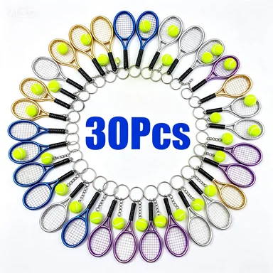 30Pcs Mini Tennis Racquet Key Chain Cute Sports Keyring, Multicolor Tennis Racket Pendant Keychains for Tennis Lovers